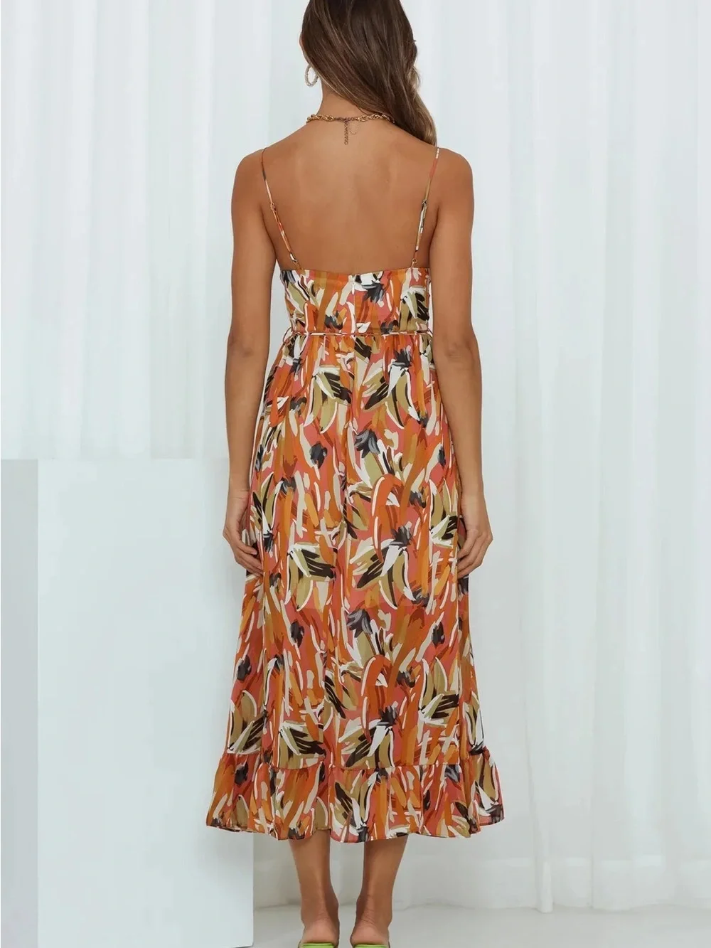 Hello Molly Orange Multi-Print Ruffle Hem Midi Dress